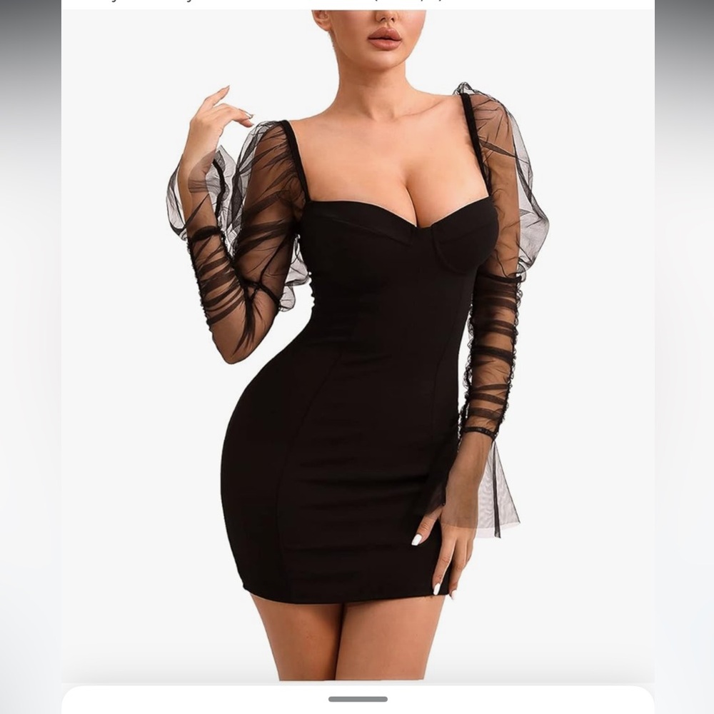 Black Mini Dress with Sheer Ruffled Sleeves